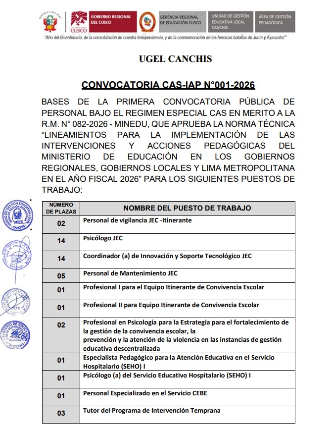 Convocatoria - CAS-IAP N°001-2026 IMPLEMENTACIÓN DE LAS INTERVENCIONES Y ACCIONES PEDAGÓGICAS